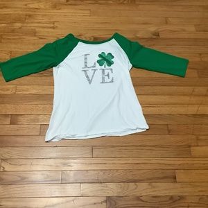 St Patricks Day Raglan Glitter Shamrock Shirt Women L